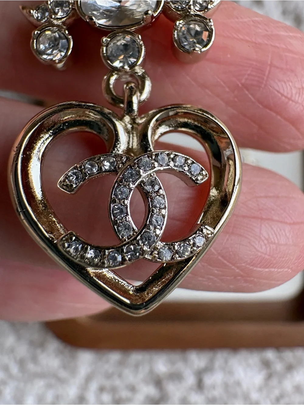 CHANEL Gold Heart Drop Earrings with Crystal Accents